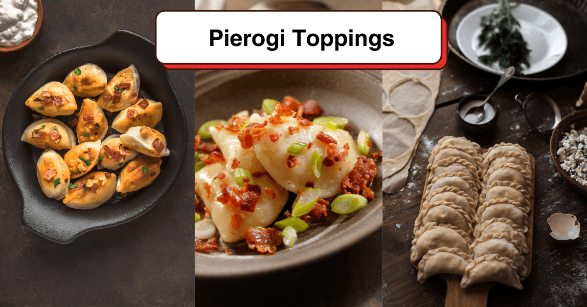 Jollof pierogi served on a plate with colorful toppings and a side of stew