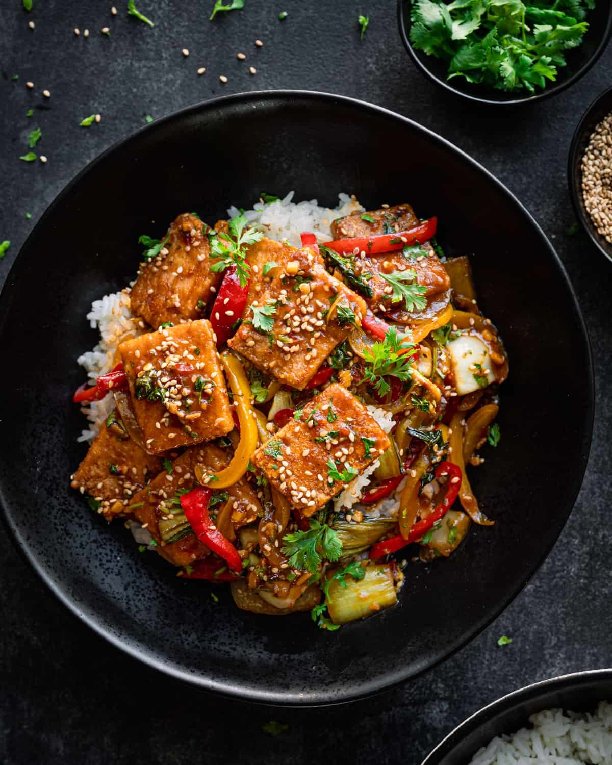 Close-up shot of a delicious tofu and vegetable stir-fry with a glossy garlic sauce, served in a bowl.
