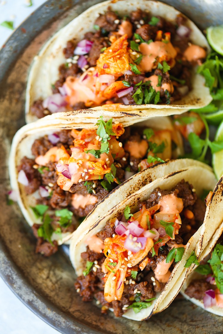 close up of kimchi beef tacos
