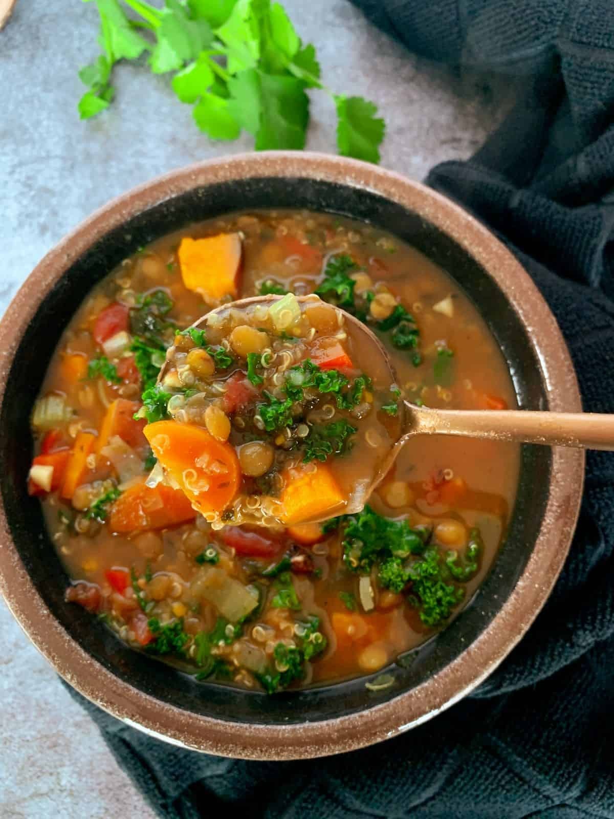 a hearty bowl of quinoa and lentil soup with fresh herbs