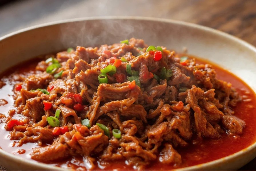 Close-up, vibrant chili-pepper beef roast, slow-cooked to perfection, rich red sauce, tender meat
