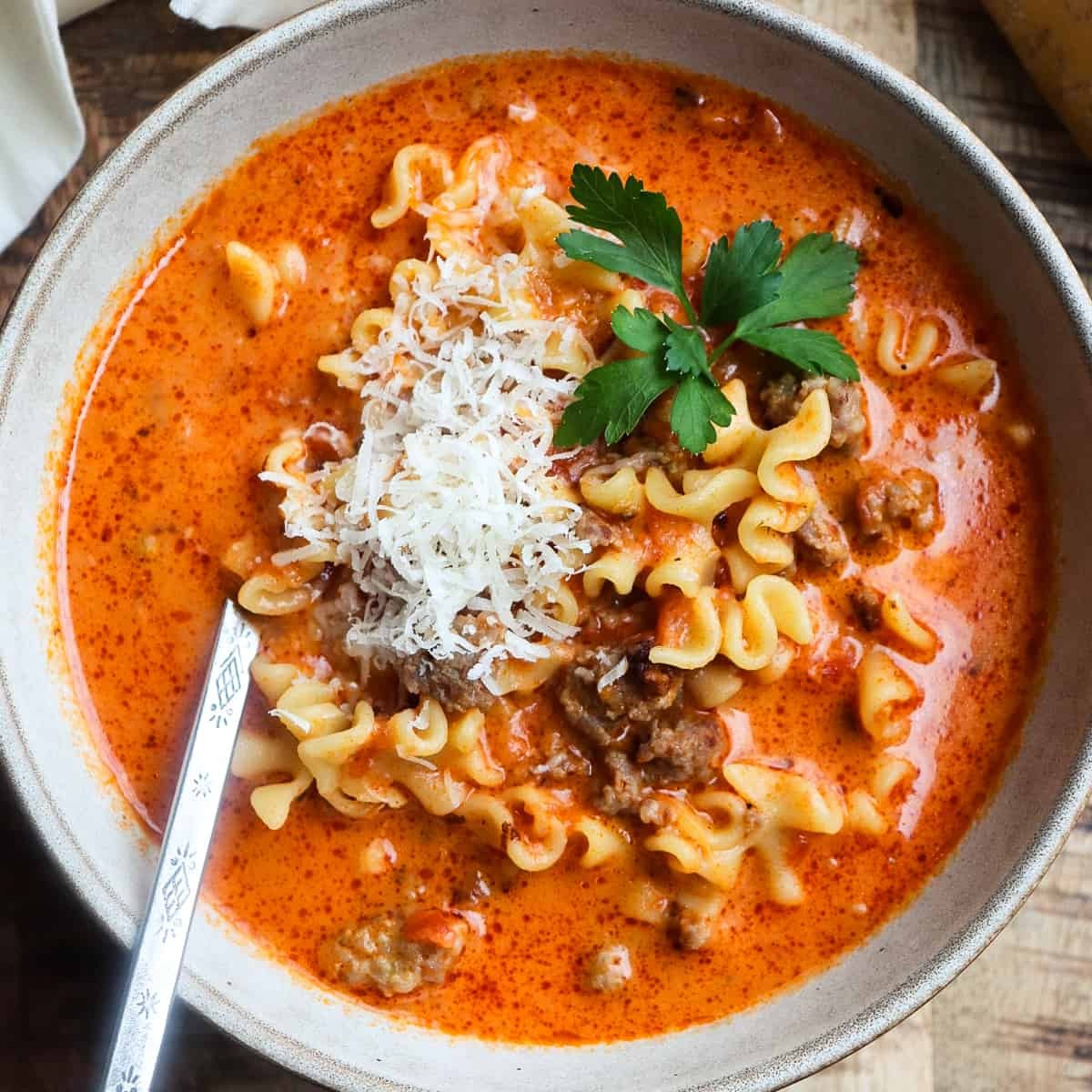 one pot lasagna soup in a rustic bowl