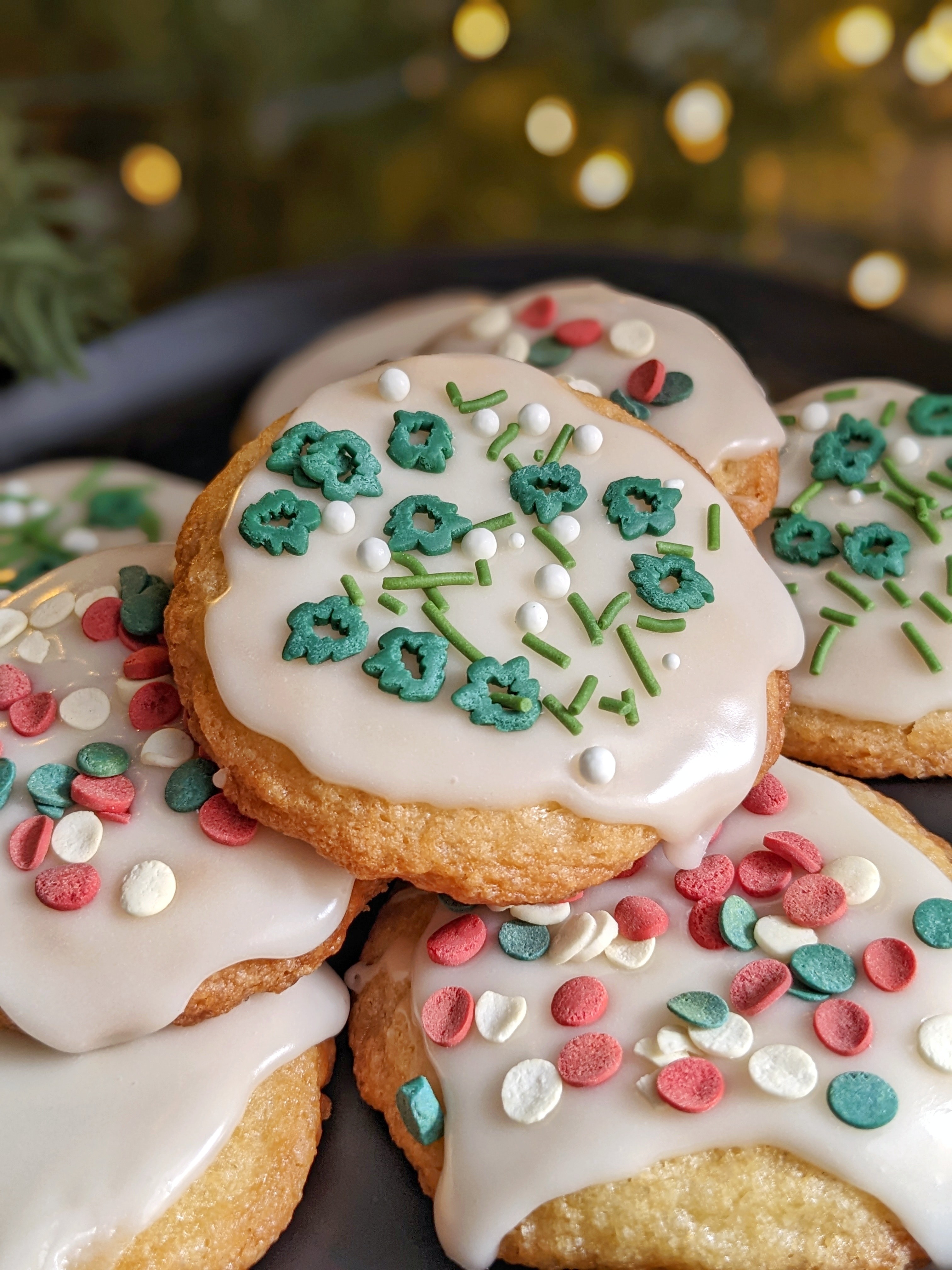 beautifully decorated Christmas french tip sugar cookies with glossy icing