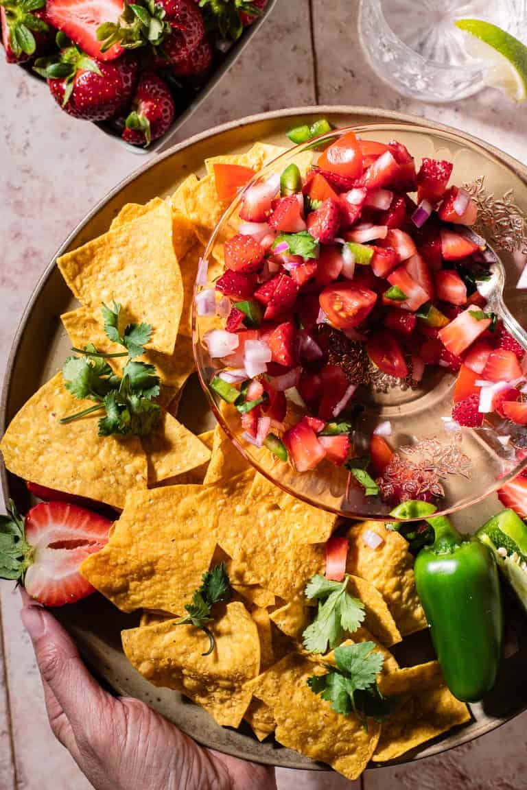 freshly made strawberry jalapeno salsa with tortilla chips