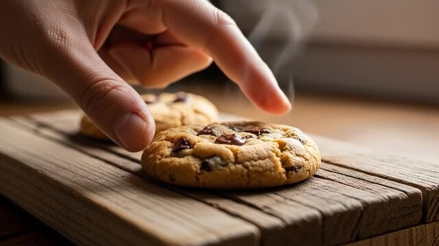 overhead shot of freshly baked chocolate chip cookies on a wooden board