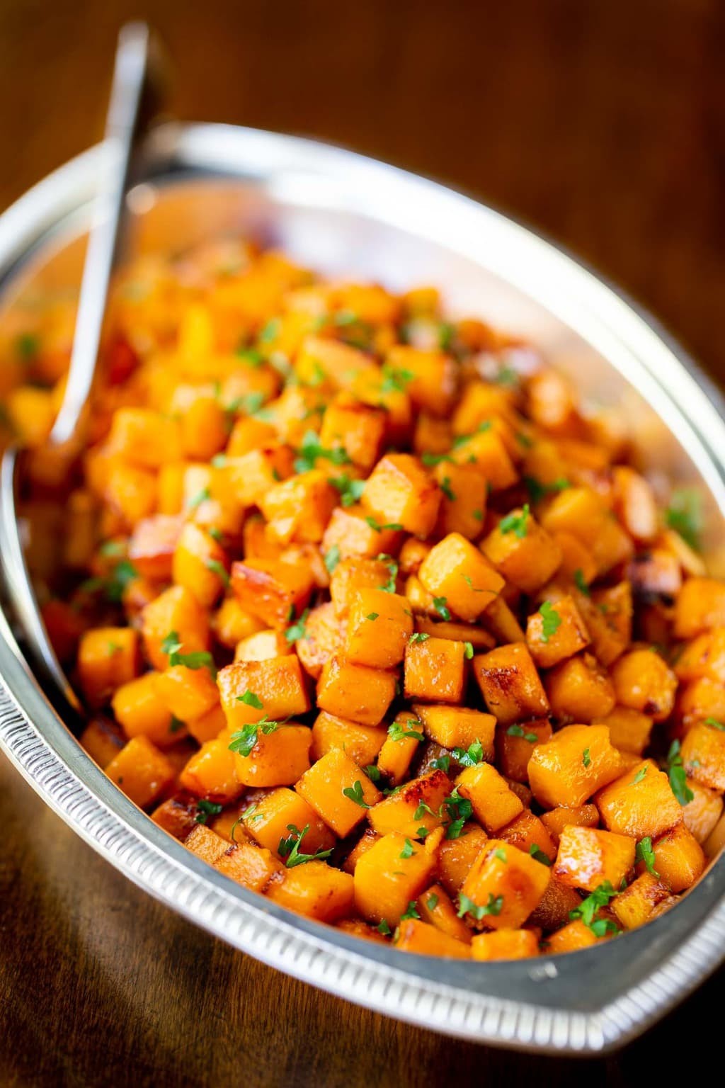 roasted brown sugar sweet potato chunks close-up, golden caramelization