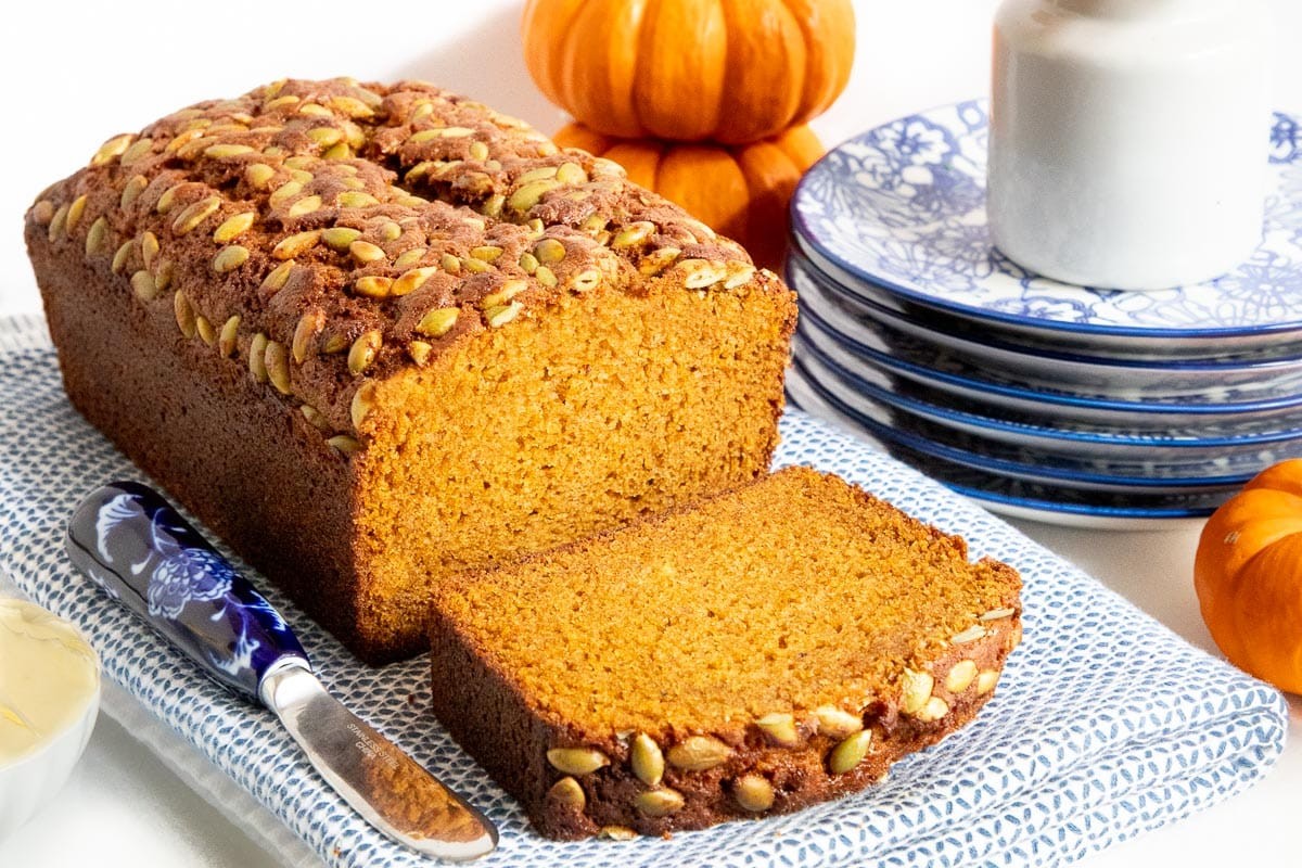 close up of a slice of pumpkin bread with spices