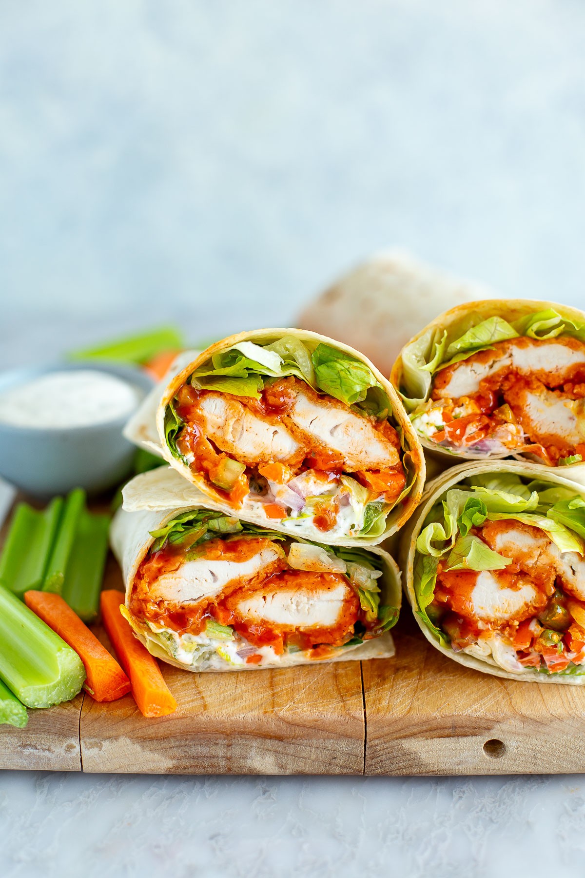 Close-up shot of a delicious Buffalo Chicken Ranch Wrap