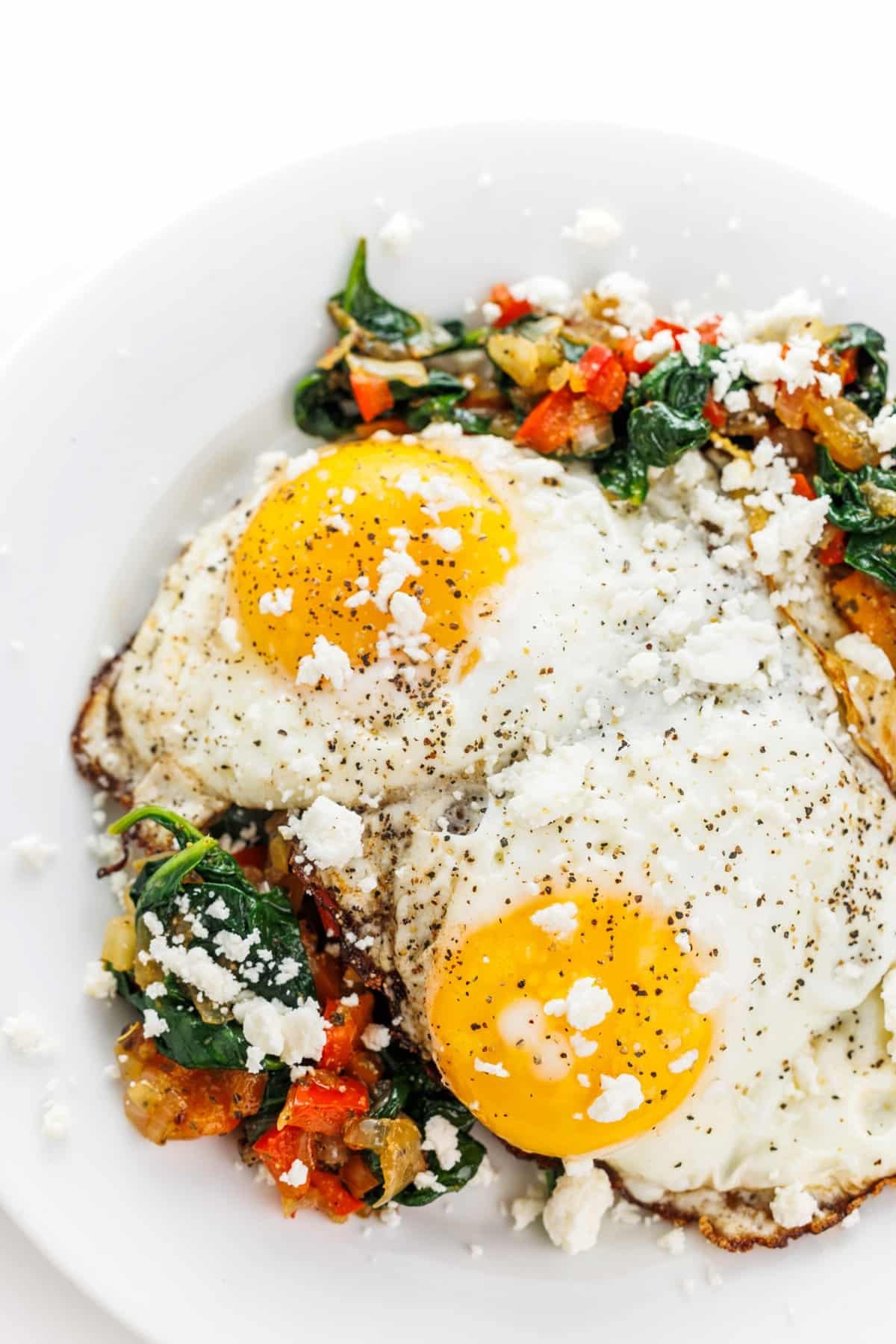 Close-up shot of sautéed eggs with summer vegetables and herbs on a plate