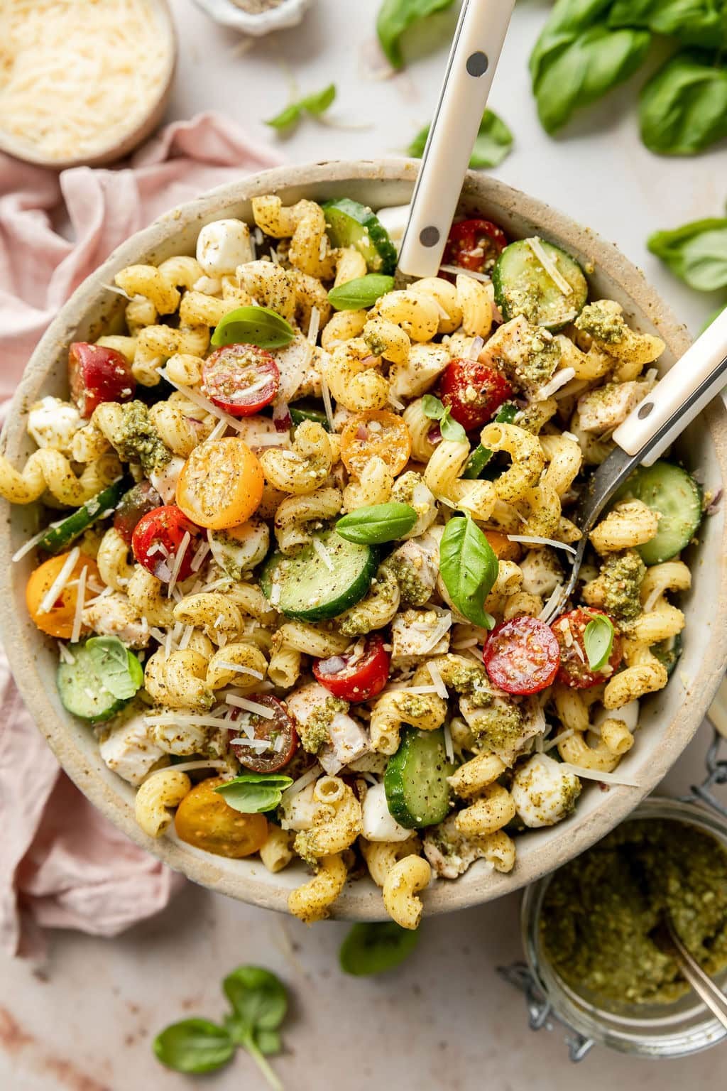 Pesto Chicken Pasta Salad in a bowl, vibrant colors, fresh ingredients