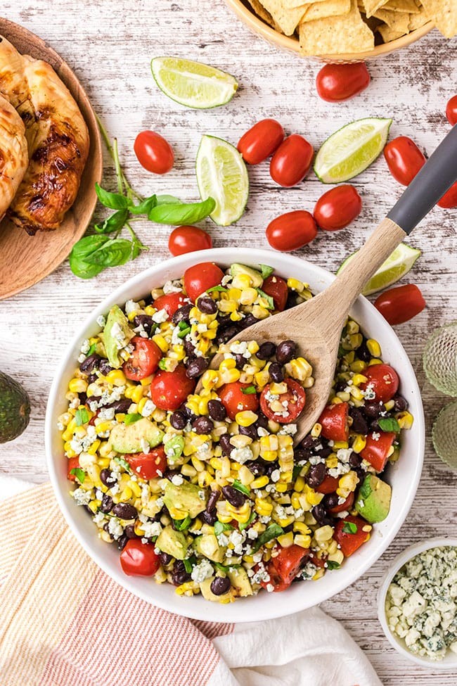 vibrant, colorful bowl of Roasted Corn & Black Bean Fattoush salad, close-up