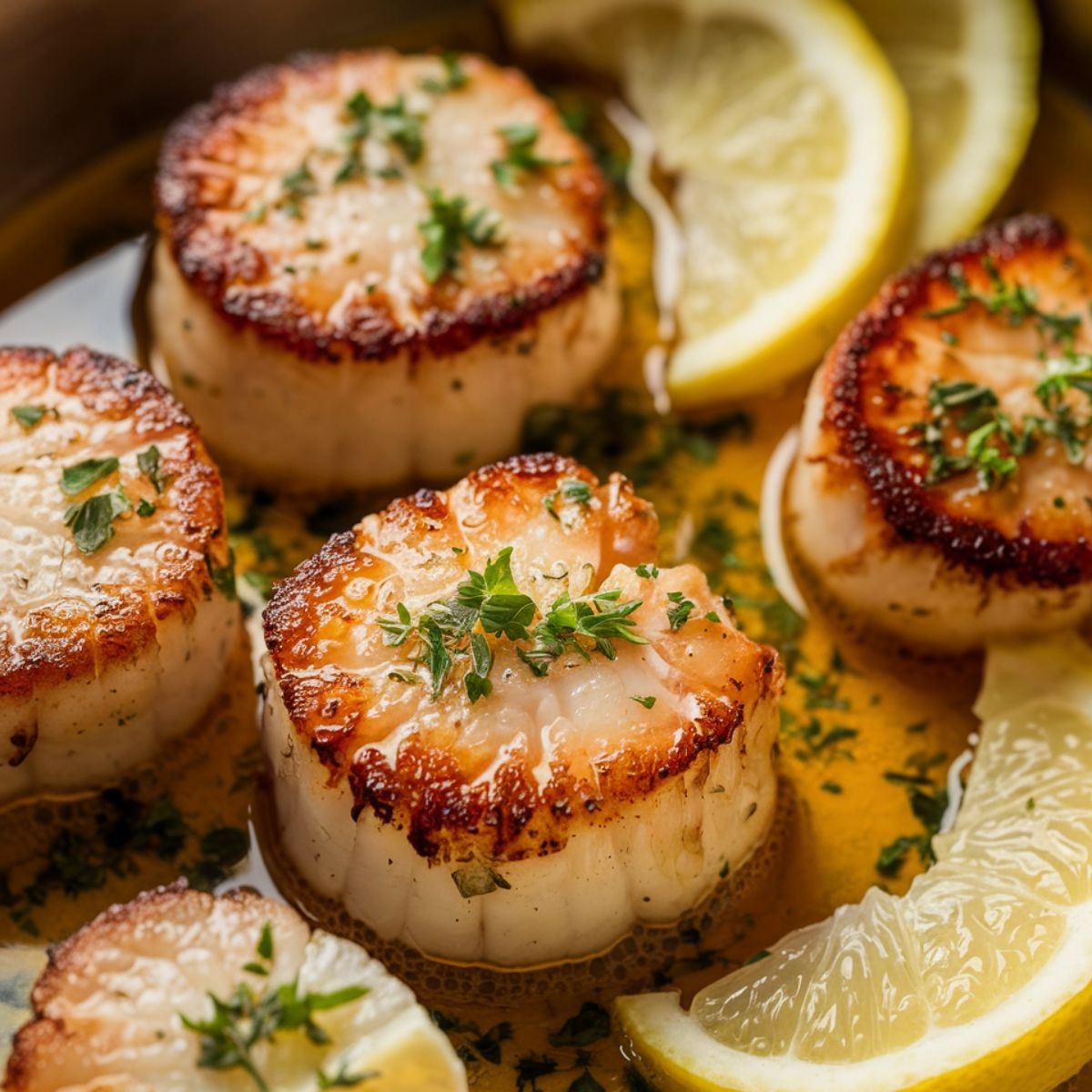 Close-up shot of sautéed scallops in a lemon-garlic butter sauce