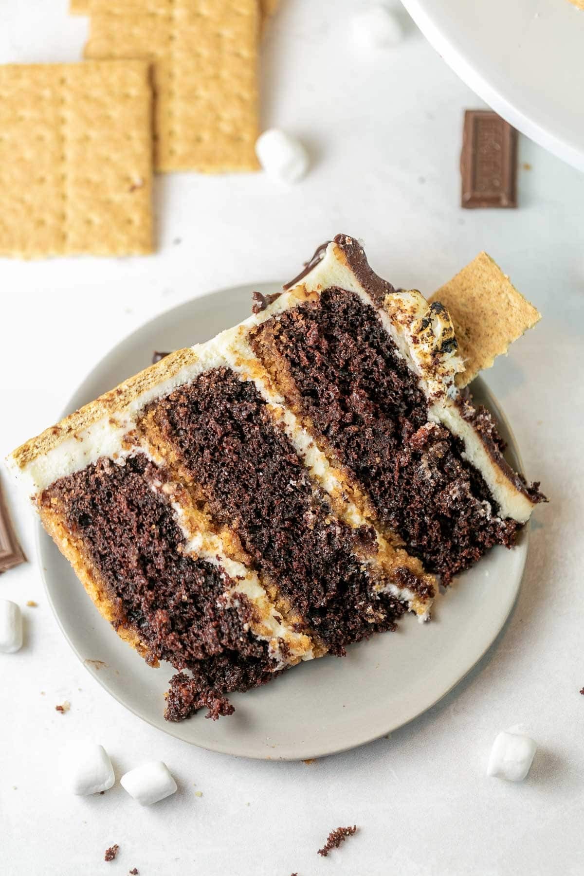 A slice of gooey s'mores cake with melted marshmallows and chocolate