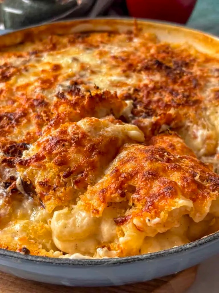 close up shot of mac and cheese pasta bake with golden crust