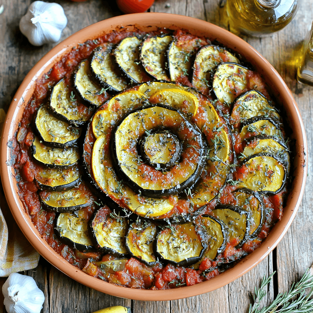 Classic Ratatouille dish with a side of crusty bread, vibrant and rustic presentation