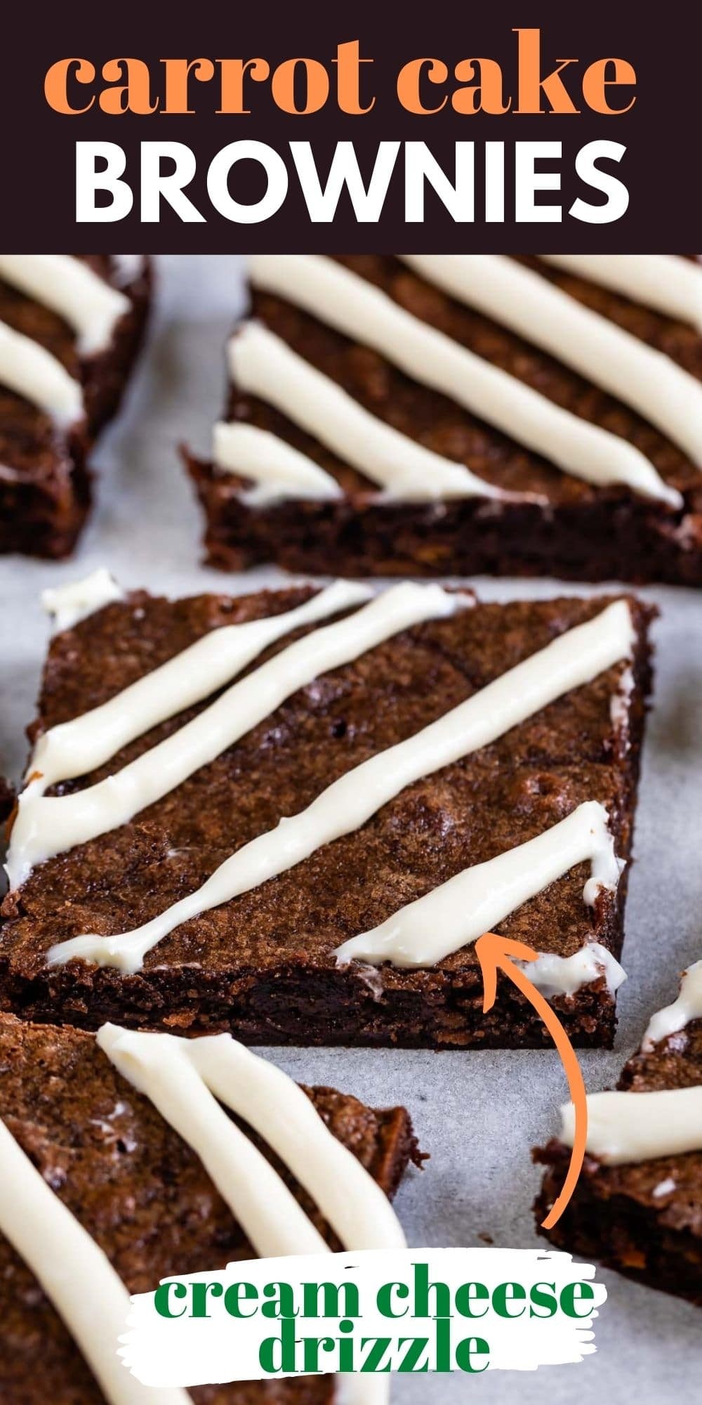 Close-up shot of moist, delicious carrot cake brownies with cream cheese frosting