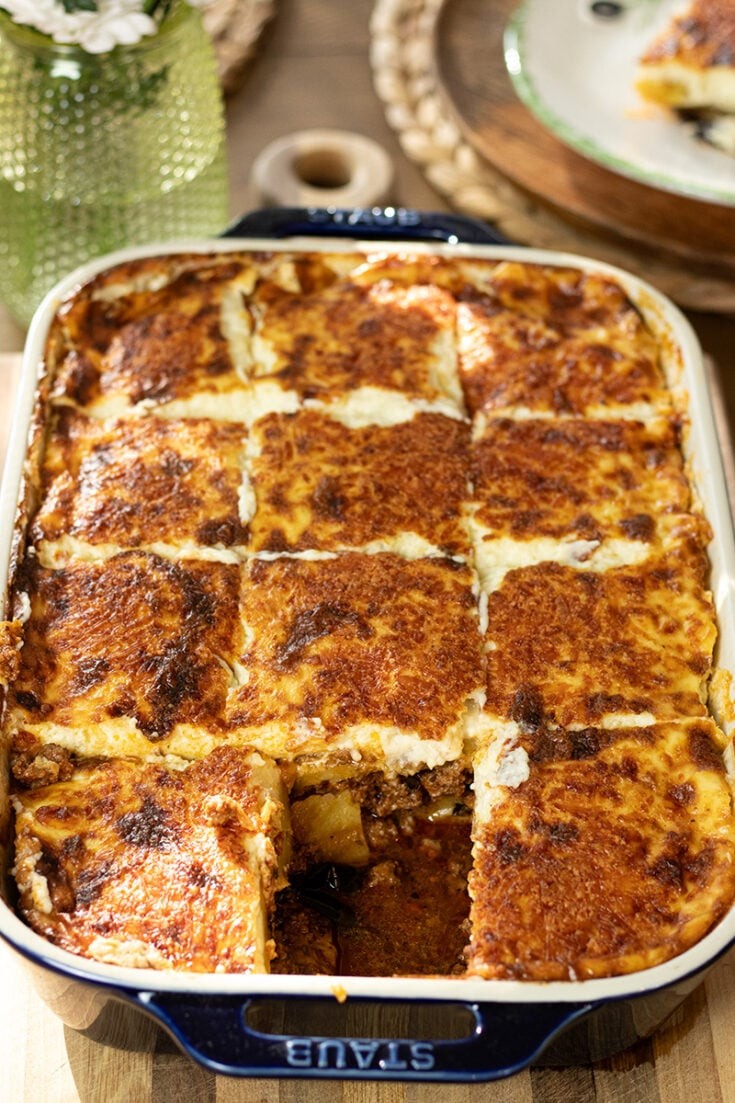 Greek moussaka in a rustic baking dish