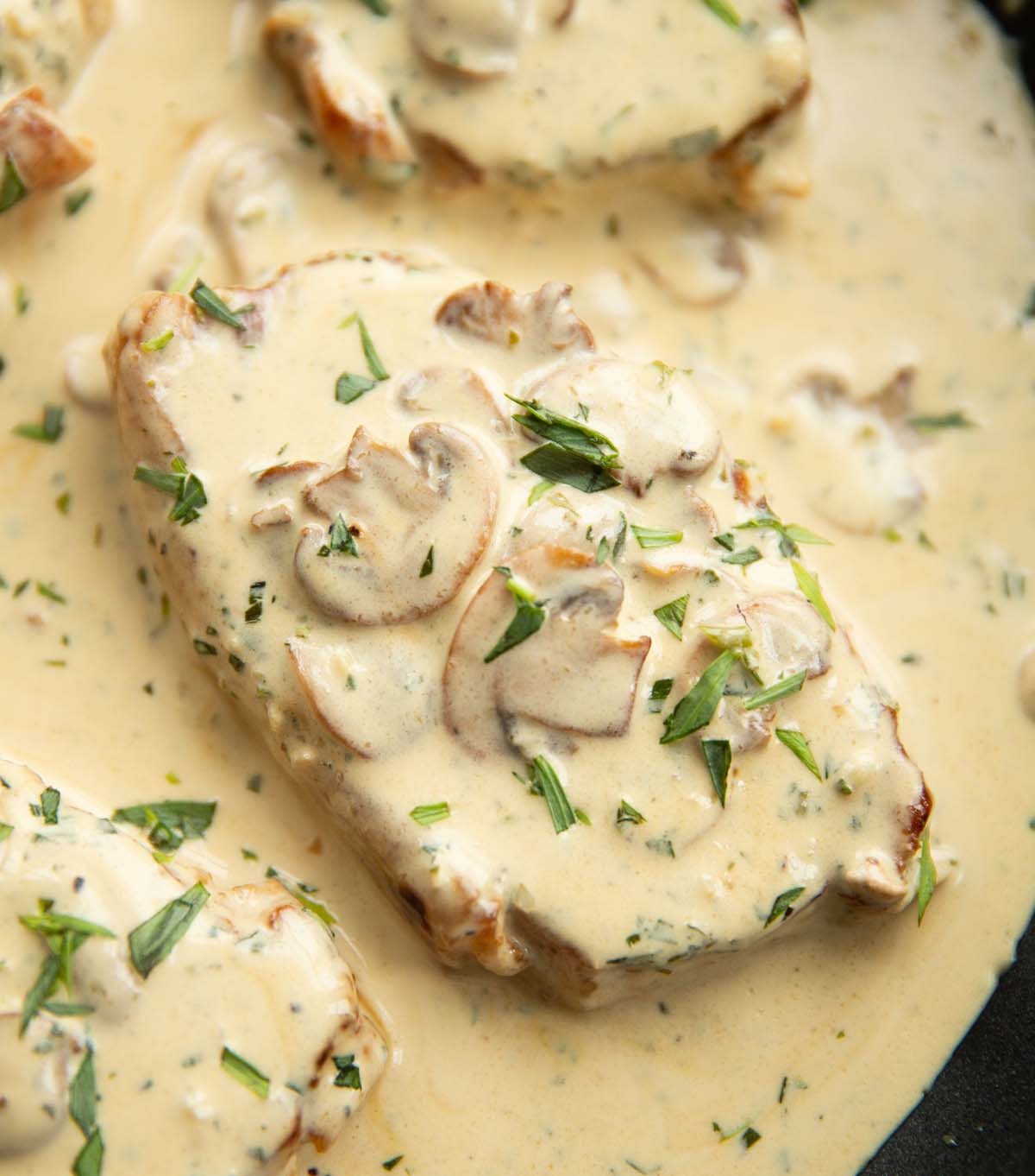 Close-up shot of sautéed mushrooms in a creamy tarragon sauce