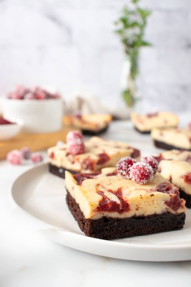 Festive holiday brownie cheesecake with cranberry garnish