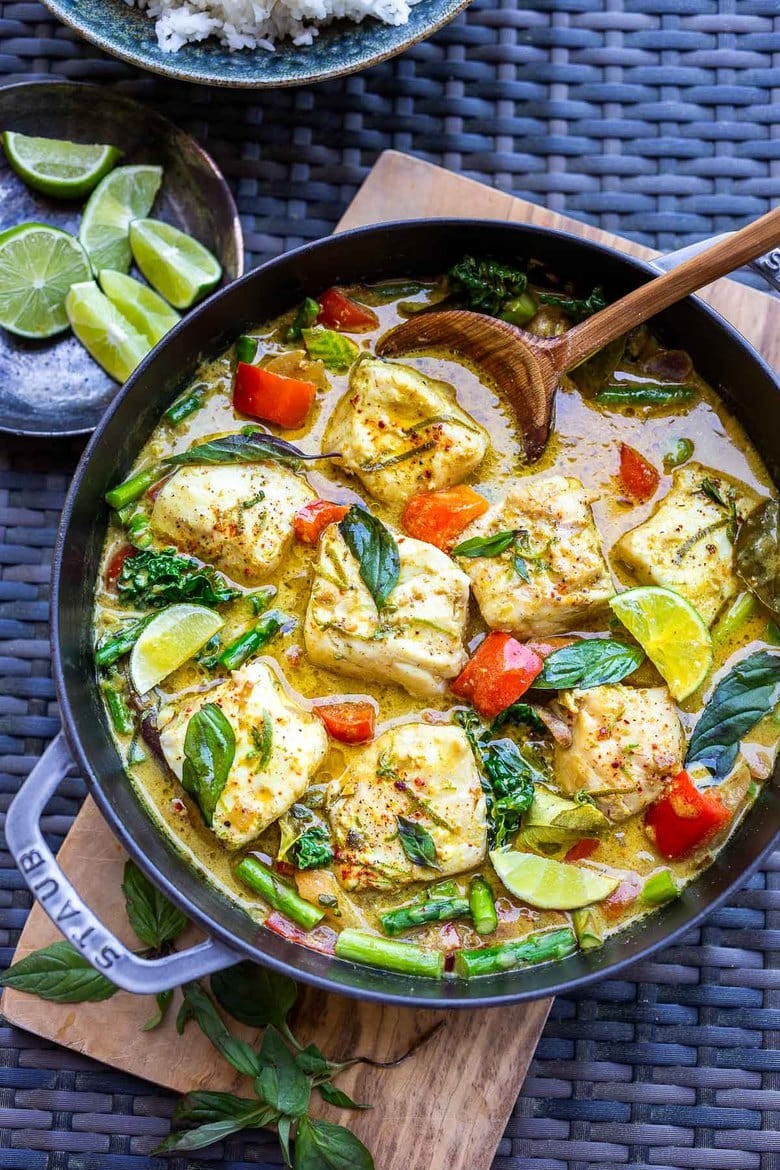 Green Curry Fish with Zucchini served on a plate