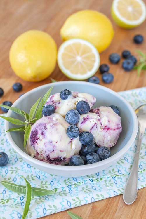 Scoops of homemade blueberry lemon ice cream in a bowl, garnished with fresh blueberries and lemon zest