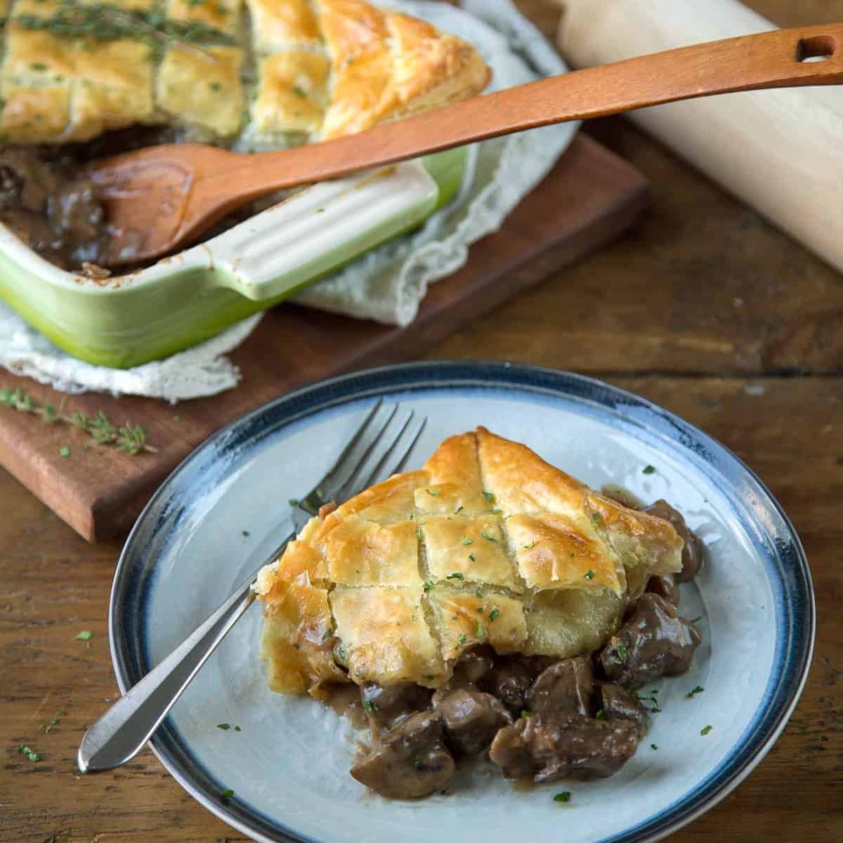 A golden brown Beef Wellington Pot Pie fresh out of the oven