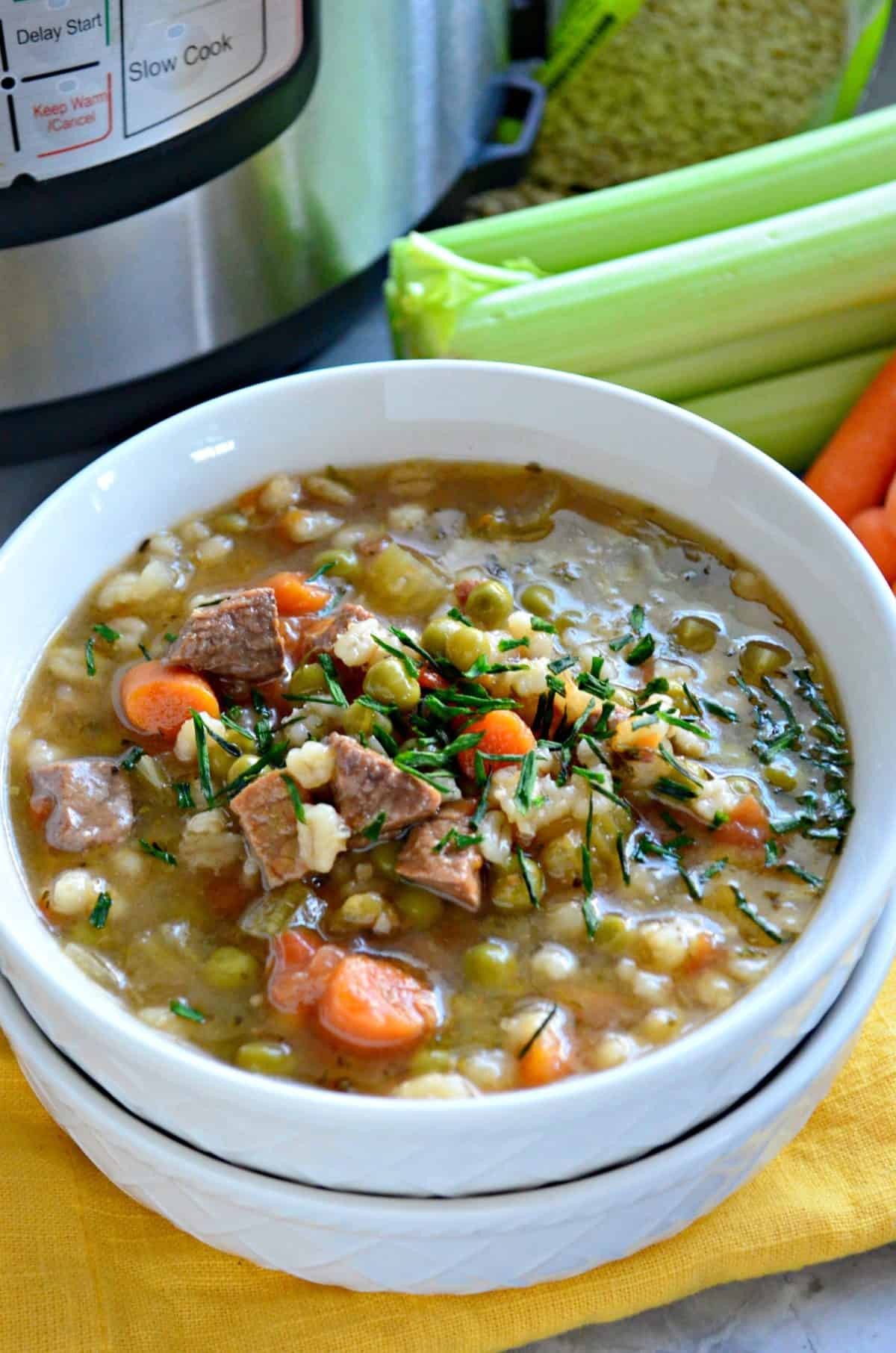 A close-up shot of a steaming bowl of Instant Pot Beef and Barley Stew, garnished with fresh parsley.