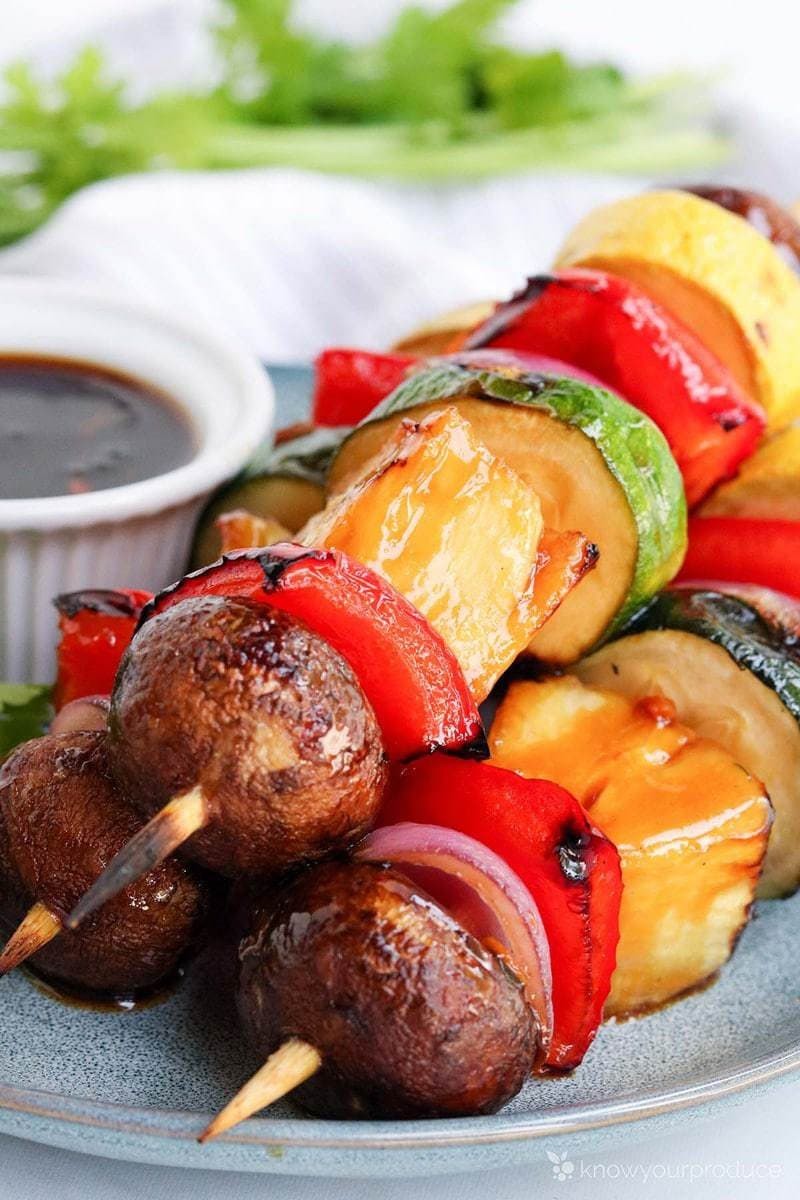 colorful grilled vegetable skewers with teriyaki glaze