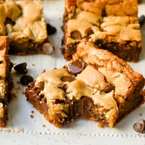 gooey chocolate chip blondies in a baking pan