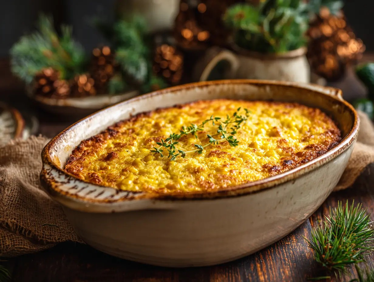 golden brown corn casserole dish with a melted butter center, cozy kitchen setting
