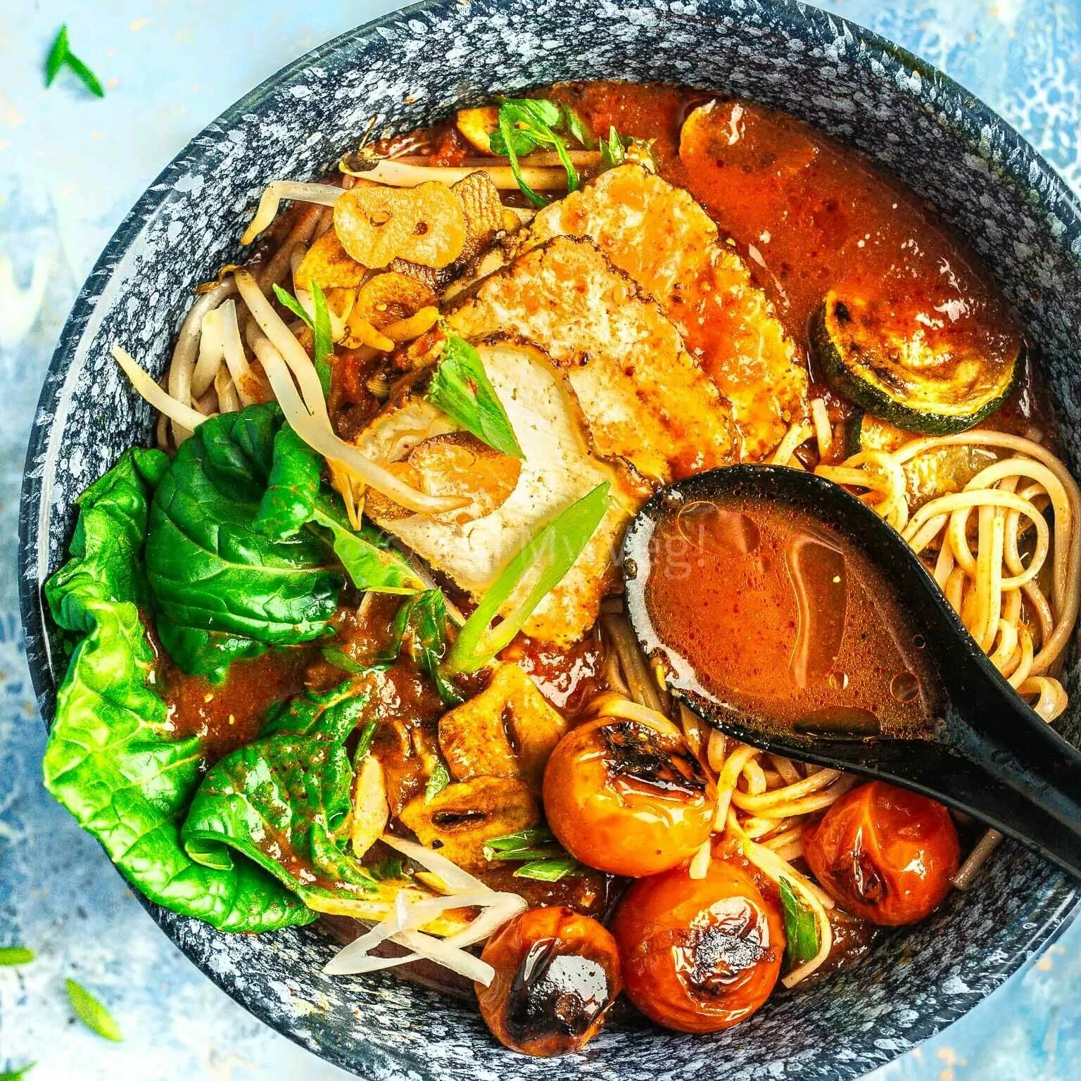 Arrabbiata Ramen with Tomato, close-up shot, vibrant colors