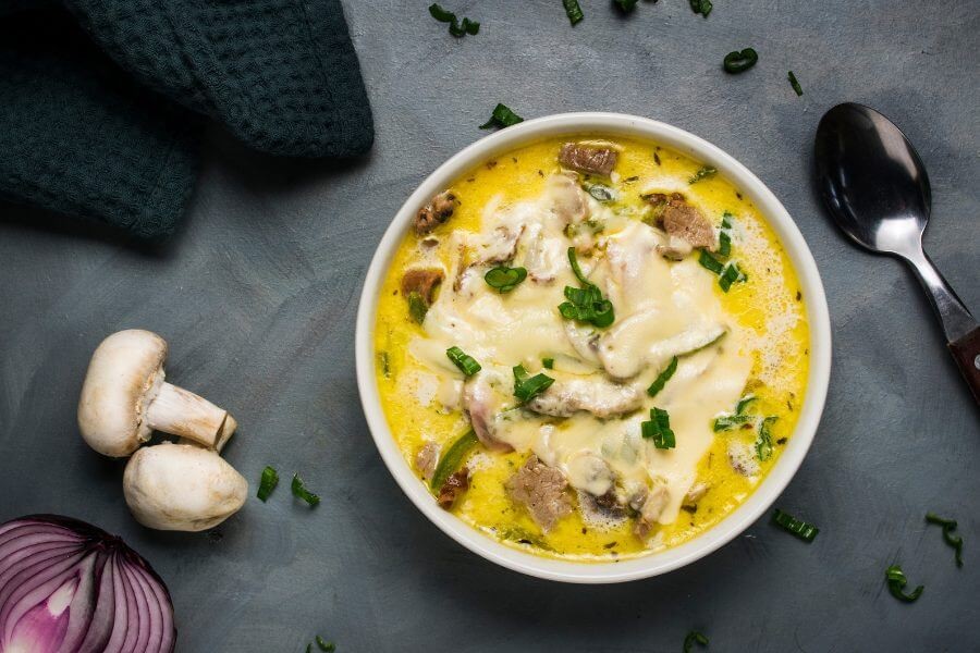 Keto Philly Cheesesteak Soup in a bowl