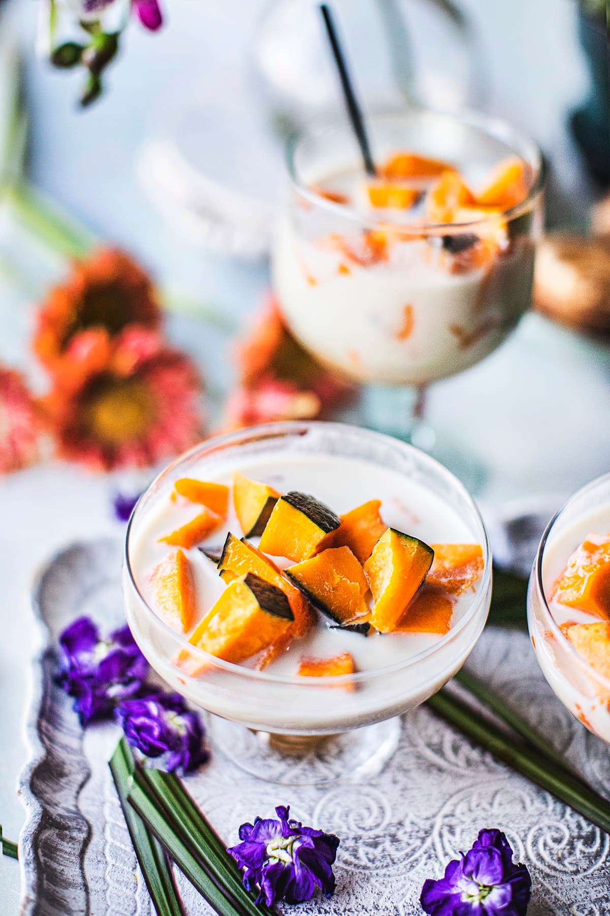 creamy kabocha squash and coconut milk smoothie in a glass