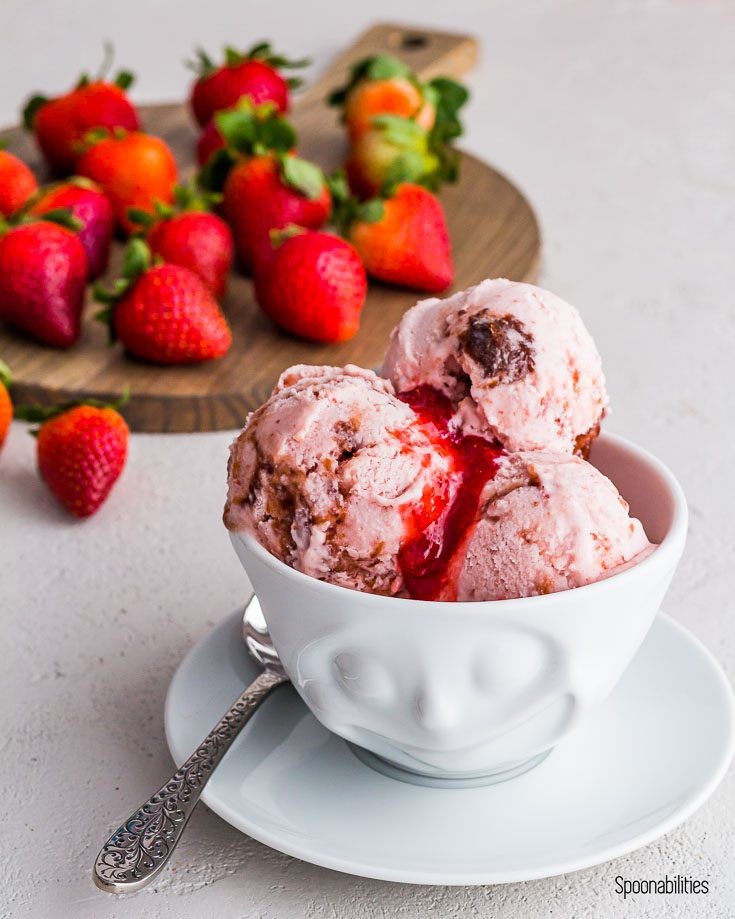 homemade strawberry balsamic ice cream in a bowl