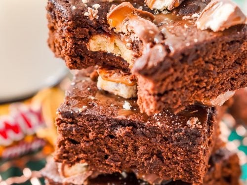 Gooey Twix Brownies with caramel swirls and chocolate chunks