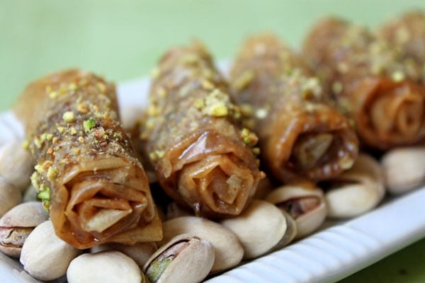 blood orange baklava fingers on a serving platter