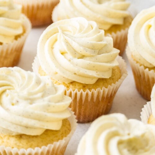 Close-up shot of vanilla bean cupcakes with vanilla bean frosting