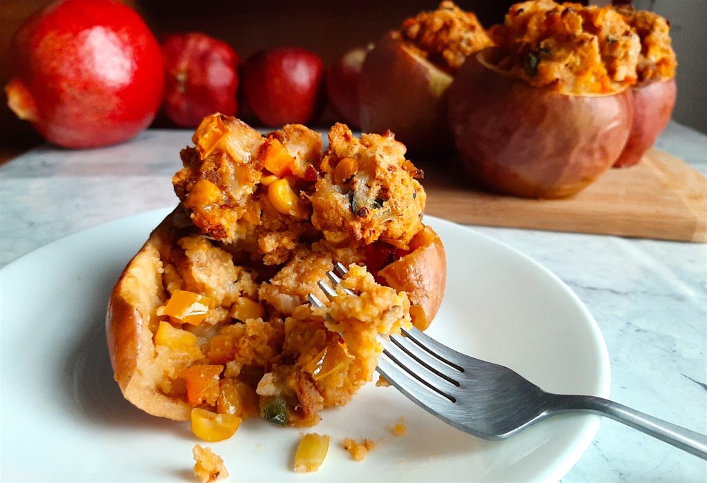 sautéed chorizo and apple stuffed breakfast peppers