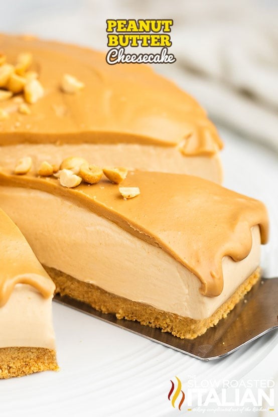 Close-up shot of a creamy peanut butter cheesecake with a graham cracker crust, garnished with peanut butter drizzle and a sprinkle of peanuts