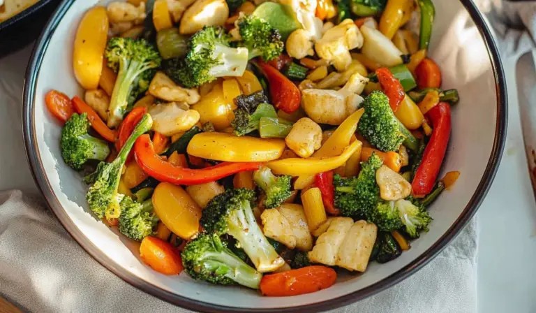 vibrant stir-fry of colorful vegetables in a wok, glistening with hoisin sauce