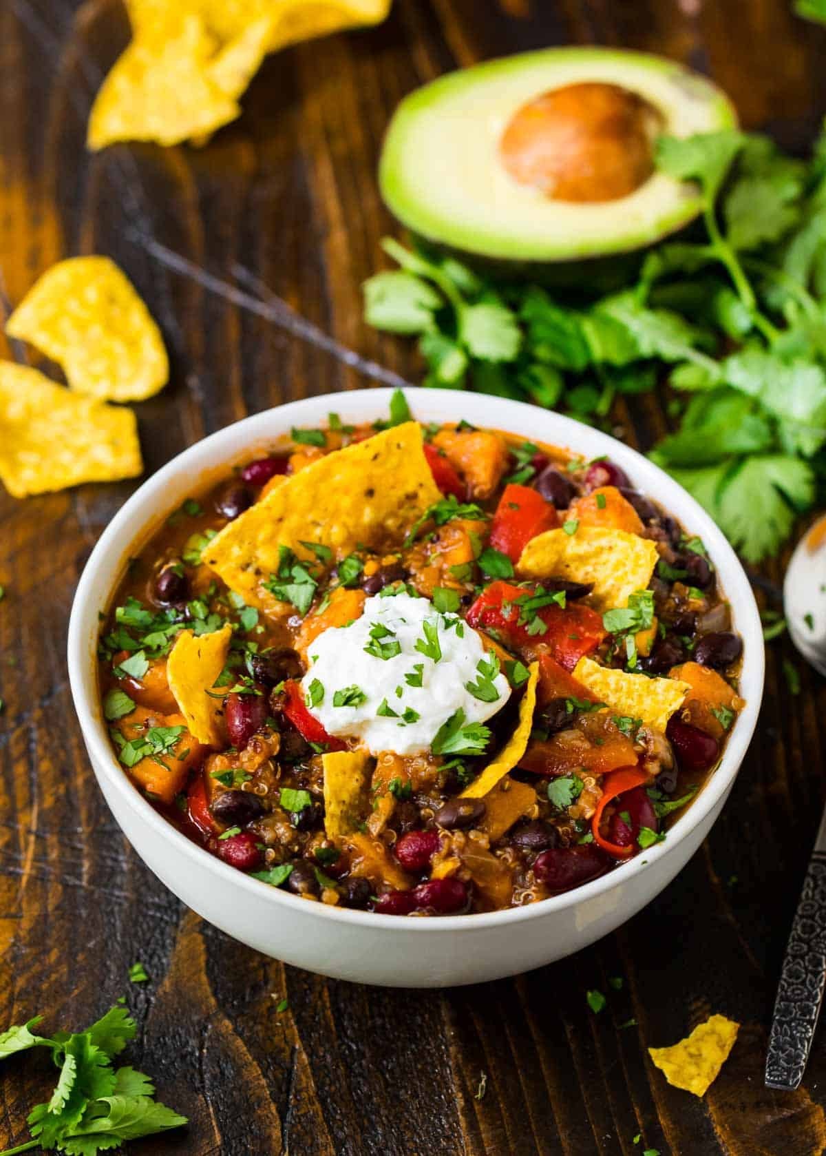Instant Pot vegetarian chili in a bowl with toppings