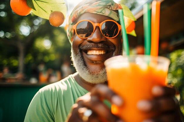 A person enjoying an orange smoothie outdoors