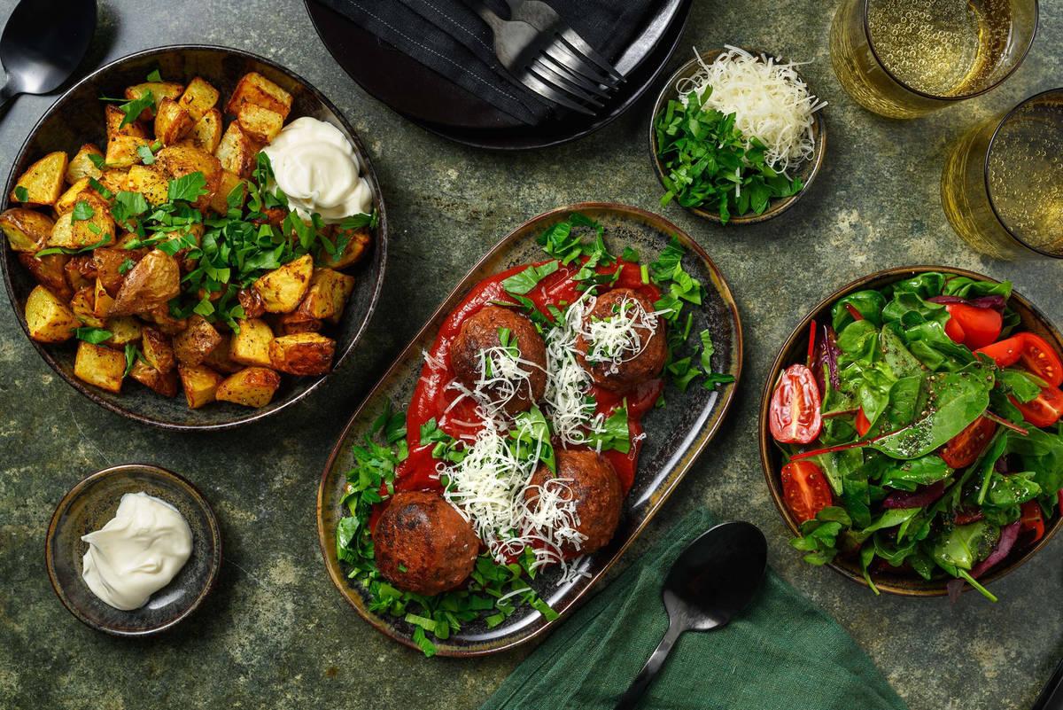 plant-based meatballs with patatas bravas and smoked paprika