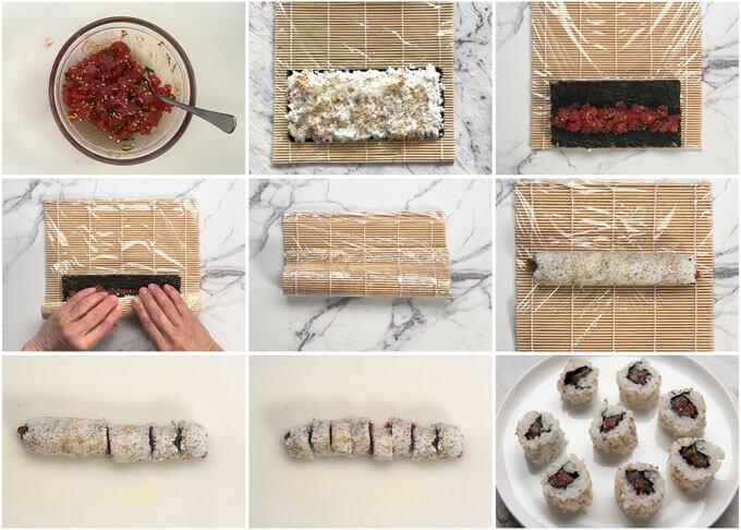 step-by-step photos demonstrating how to roll a Tuna Temptation Roll