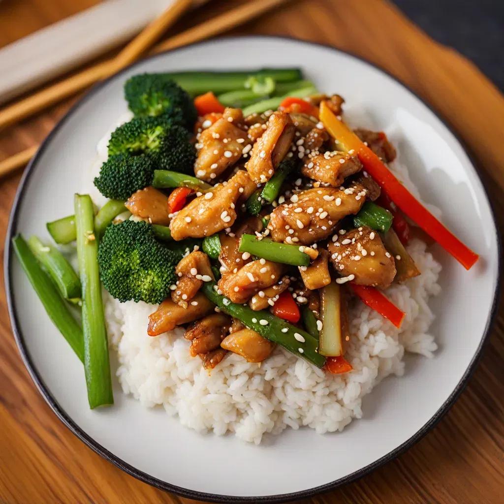 A vibrant image of Chicken Stir-fry served in a bowl with rice and garnished with sesame seeds