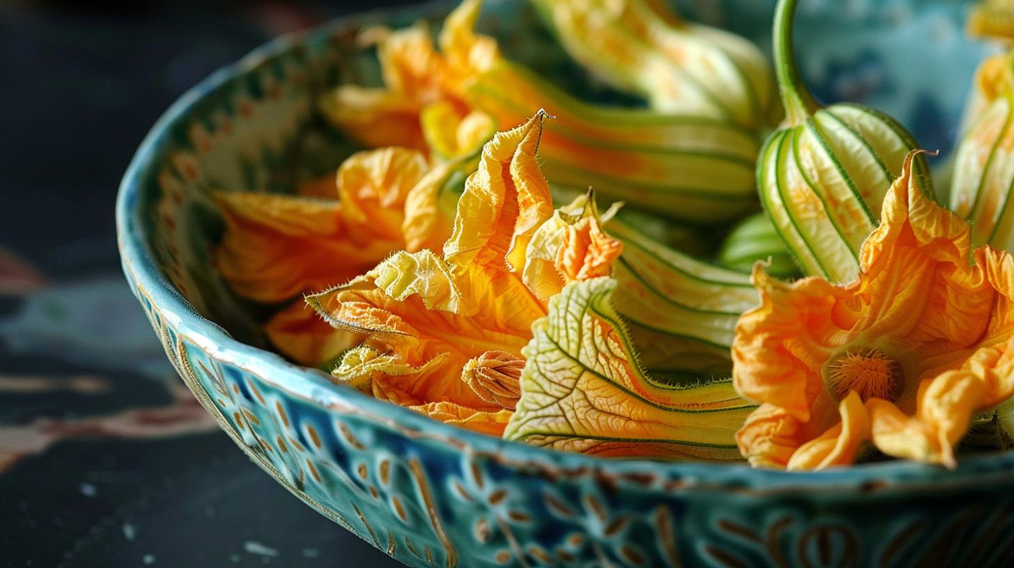 a bowl of clear, golden squash blossom broth garnished with fresh herbs and edible flowers