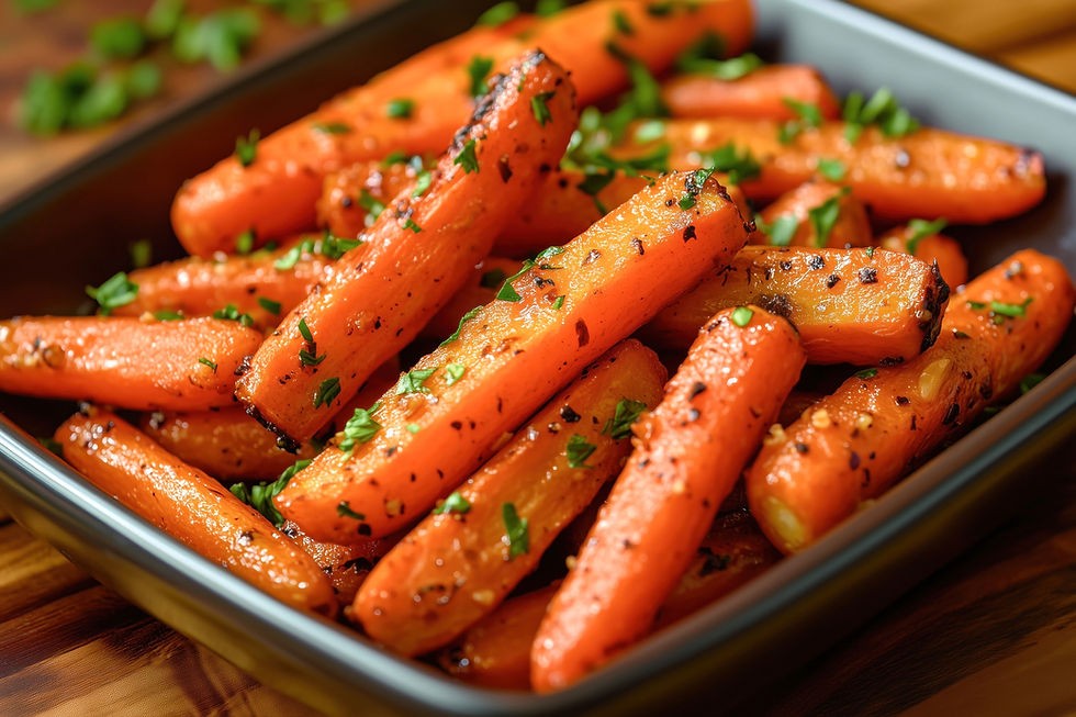 Close-up of golden honey glazed carrots in a serving dish with fresh thyme garnish