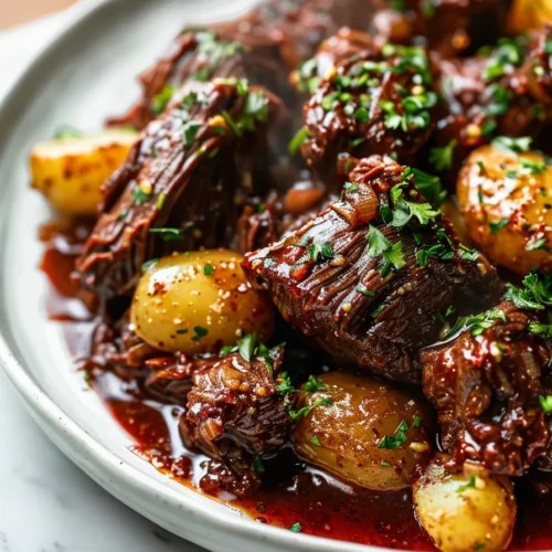 tender garlic butter beef and potatoes on a plate, slow-cooked, rustic setting