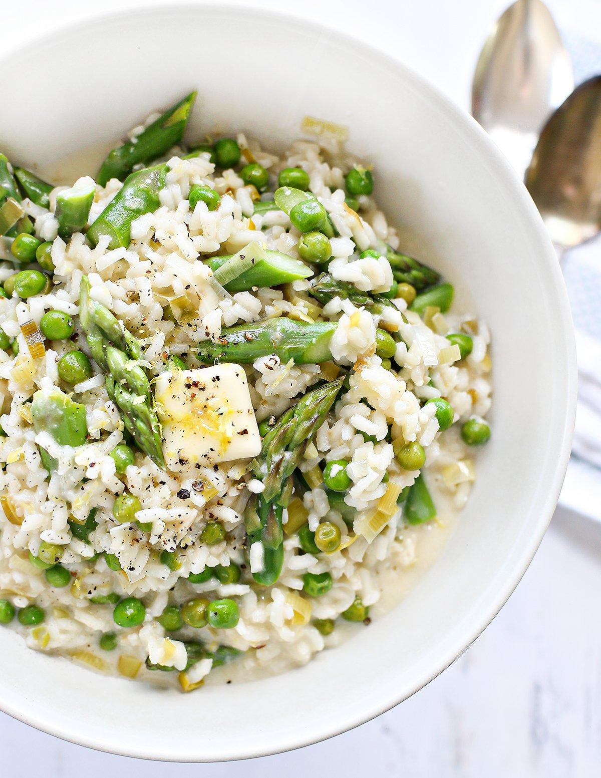 close up shot of spring asparagus risotto