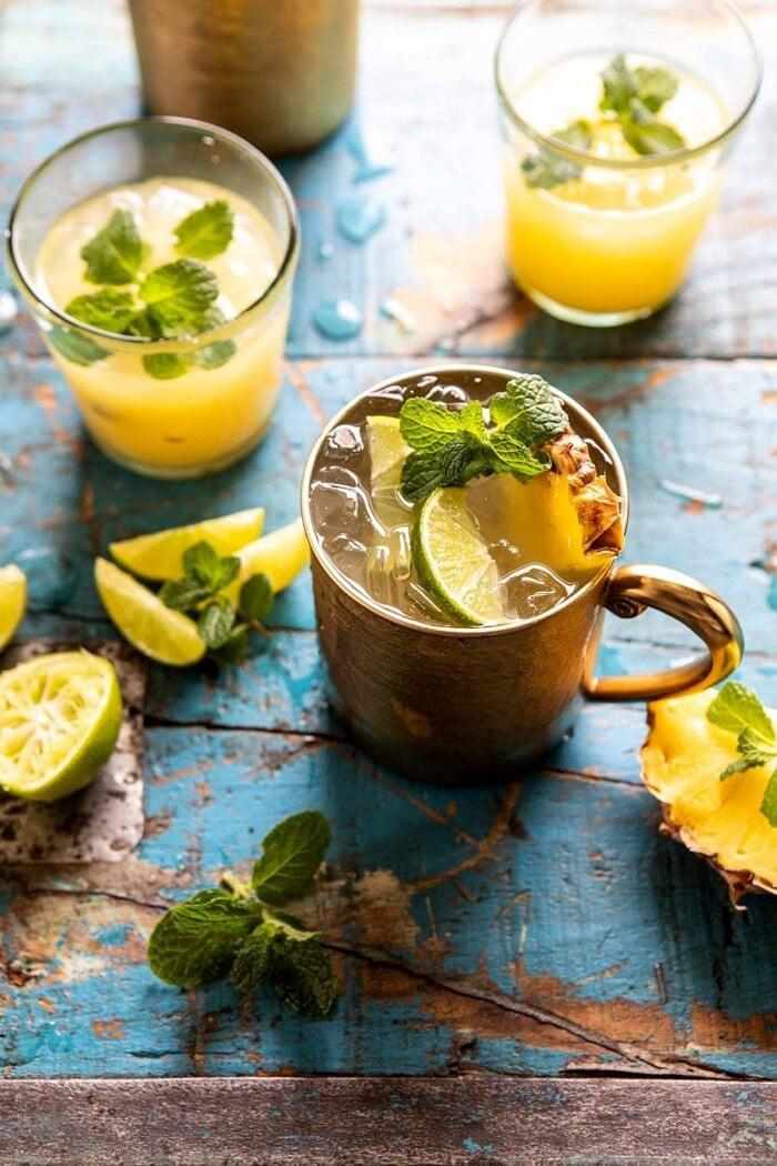 Pineapple Ginger Moscow Mule cocktail with ginger and pineapple garnish